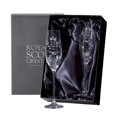 2 Royal Scot Crystal Presentation Boxed Diamante Champagne Flutes engraved Silver Wedding Anniversary